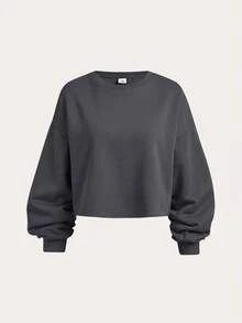 SHEIN Girlism 青少年女孩長袖圓領落肩休閒基礎日常運動衫 - 深灰色 - 查看 1