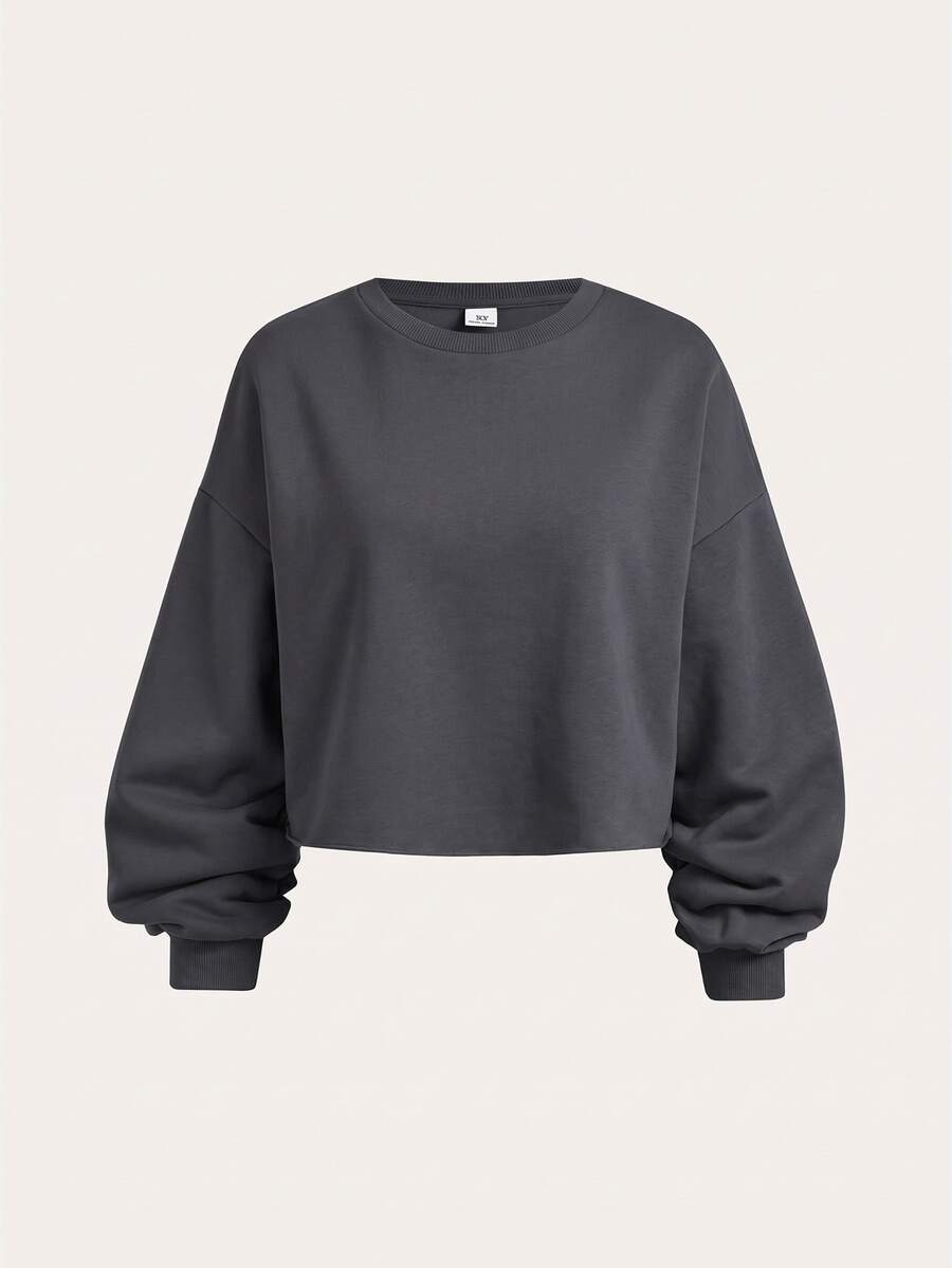 SHEIN Girlism 青少年女孩長袖圓領落肩休閒基礎日常運動衫 - 深灰色 - 查看 1