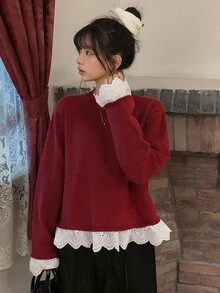 DAZY Patchwork Contrast Color Lace Trim Loose Long Sleeve Red Pullover Knit Sweater Casual Vacation Korean Style Daily Autumn/Winter Women's Sweater - Red - View 2