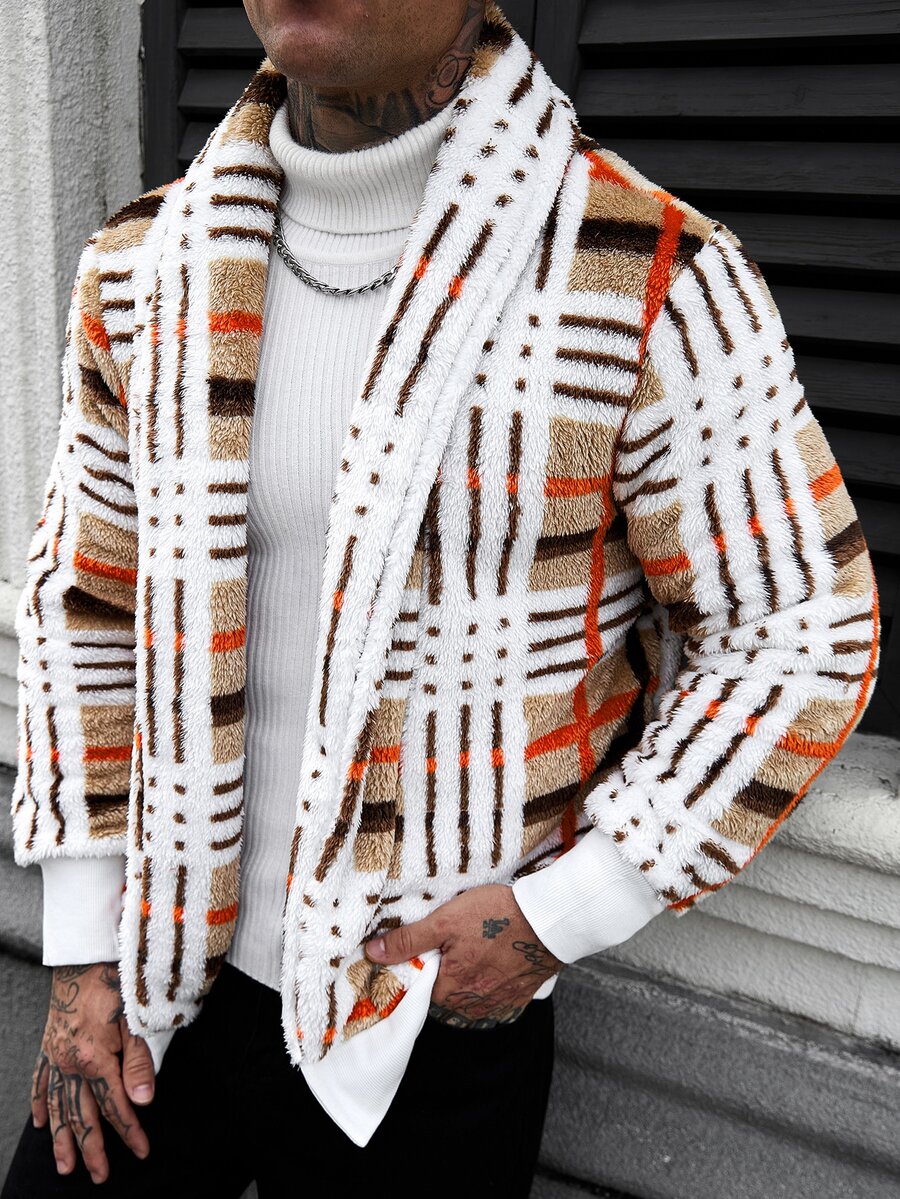 Manfinity CasualCool 男士秋冬時尚條紋拼接色塊抓絨夾克 - 卡其色 - 查看 1