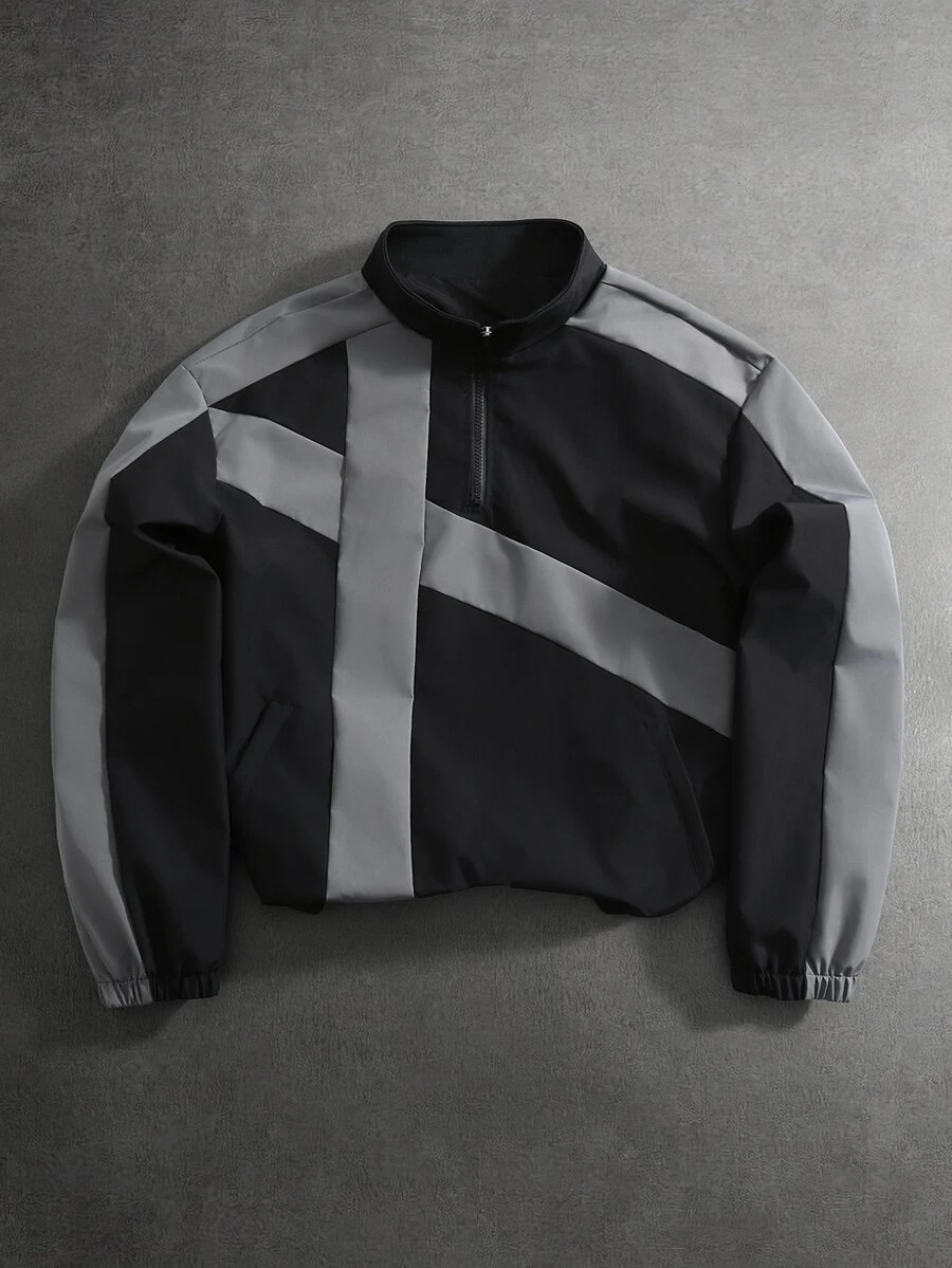 Manfinity Roughcore Men's Colorblock Long Sleeve Zip-Up Half-Placket Casual Jacket - Black - View 1