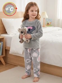 Girls' Koala Embroidery & Heart Print Long Sleeve Plush Pajama Set, Fleece Lounge Wear - Baby Blue - View 8