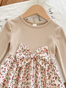 Emery Rose Kids Emery Rose Kids 女童小女孩可愛拼接洋裝，復古棕色羅紋上衣配蝴蝶結與碎花裙，長袖公主裙，適合春夏秋冬 - 杏色 - 查看 7