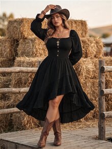 Ceyna فستان نسائي أنيق بمقاسات كبيرة برقبة مربعة وأكمام طويلة مجعدة وتصميم غير متماثل - الأسود - مشاهدة 5