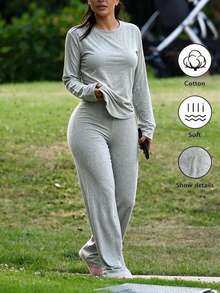 INAWLY Women's Fashion Minimalist Casual Solid Color Round Neck Long Sleeve T-Shirt And Pants Set - Light Grey - View 6