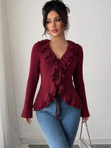 Elenzga Christmas Party Ruffle TieFront Fuzzy Knit Long Sleeve Slim Goingout Top - Burgundy - View 6