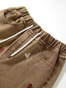 SHEIN TweenGirlsHeart Embroidered Wide Leg Jeans Elastic Waist Cargo Denim Pants Casual Loose Fit Trousers - Coffee Brown - View 5
