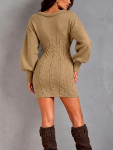 Selianne Women's Designer Asymmetrical Neckline Knit Sweater Dress - Camel - View 2