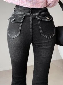 FRIFUL Women's Fashion Versatile Button Flare Jeans School Everyday Black And White Striped Fall Casual Streetwear - Grey - View 2
