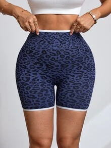Slayform Seamless High-Waisted Tummy Control Leopard Print Colorblock Sports Shorts - Blue - View 3