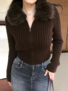 DAZY Women's Autumn/Winter Fur Collar Patchwork Open Front Short Sweater - Brown - View 7