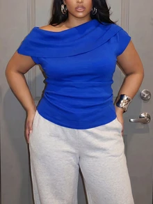 Slaydiva Plus Size Women's Knit Top, Draped Cowl Neck Plus Size Long Sleeve Soft Knitted Blouse - Blue - View 10