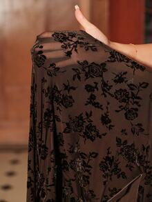 Anewsta Women's Elegant Autumn/Winter Mesh Bottom Flocked Rose Long Sleeve Mermaid Dress - Dark Brown - View 8