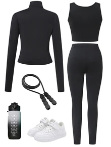 Setelan untuk Remaja Perempuan: Atasan Tank Top Tanpa Lengan Leher Bulat Warna Polos Dipadukan dengan Celana Panjang Slim Fit yang Nyaman dan Jaket Lengan Panjang - Hitam - View 2