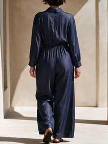 Linhara CURVE Plus Size Women's Autumn Soft Denim Effect Lapel Jumpsuit With Front Opening, Loose Draped Bottom, Minimalist Commuter Style - Navy Blue - View 2