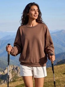 Exploreva Women's Brown Drop Shoulder Long Sleeve Hollow Back Sports Sweatshirt - Brown - View 5