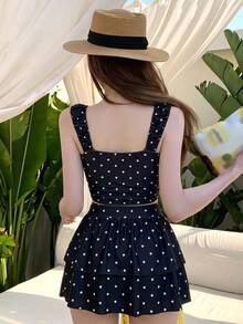DAZY Women's Summer Beach Vacation Polka Dot Print Front Tie Tank Top And Ruffle Hem Skirt Casual Tankini Swimsuit Set - Black - View 2