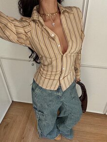 StreetHx 女款條紋性感修身襯衫，休閒優雅學院風復古街頭都市風，適合休閒辦公早午餐，黑白條紋秋季款 - 黃色 - 查看 1
