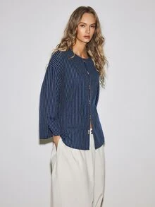 ATUI Studio Women 100% Cotton Blue And White Stripe Collarless Long Sleeve Shirt French Vintage Minimalist Modest Chic Vertical Fall Loose Slimming Drop Shoulder - Navy Blue - View 9