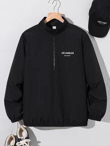 SHEIN 青少年男孩酷炫休閒極簡黑色立領拉鍊夾克，字母印花設計，適合秋冬返校穿著 - 黑色 - 查看 3