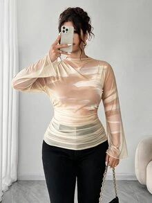 Elenzga 女款大尺碼白色半透網紗上衣，喇叭長袖修身短版罩衫，半透明疊穿，春/秋，晚宴性感優雅 - 杏色 - 查看 6