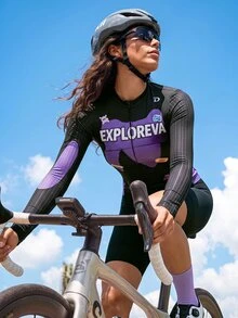 Exploreva Women's Letter Print Long Sleeve Zip-Up Cycling Top - Black - View 1
