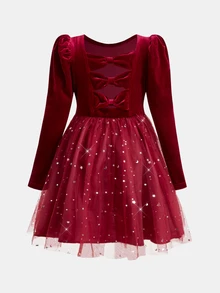 SHEIN 女童聖誕優雅紅色天鵝絨拼接薄紗露背蝴蝶結公主裙，假日派對、新年禮物、聖誕派對洋裝、聖誕連身裙、紅色裙子 - 紅色 - 查看 6
