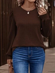 SHEIN Plus Size Casual Basic Puff Sleeve Crew Neck T-Shirt, Burgundy Fall - Coffee Brown - View 4