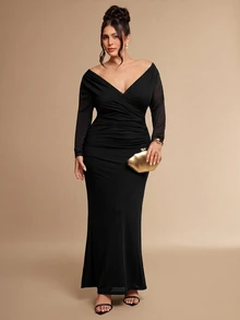 SHEIN BAE CURVE Plus Size Women's Multi-Color Ruffle Ruched Cup Spaghetti Strap Dress, Elegant Beach Vacation Dress - Black - View 7