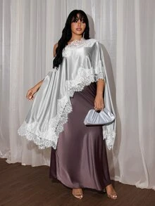 Rustia Plus Size Solid Color Elegant Minimalist One-Shoulder Sexy Asymmetrical Hem Lace Patchwork Loose Blouse For Women - Light Grey - View 8