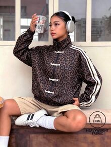 SHEIN 青少年女孩豹紋側條紋鈕扣設計夾克 - 棕色 - 查看 1