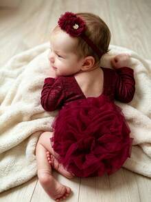 SHEIN Newborn Baby Girl Lace Tutu Romper Cute Gender Neutral Burgundy Red Flower Ruffle Tulle Long Sleeve V-Back Wedding Baby Shower Dress Autumn - Burgundy - View 4