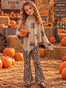 SHEIN Young Girls Khaki Leopard Print Bow Asymmetrical Top And Leopard Print Flare Pants 2 Pieces Set, Autumn Fashion - Brown - View 3