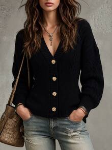 Omancia Women's Autumn V-Neck Cable Knit Long Sleeve Cardigan Sweater - Black - View 1