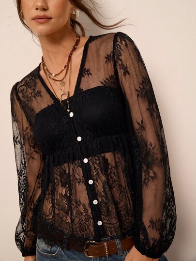 Freevana Women's Sweet Sexy Lace Sheer Button-Up Top