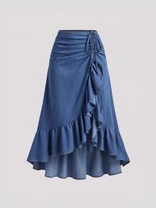 Sweetra Women's Pleated Ruffle Casual Versatile Daily Wear Denim Skirt - Blue - View 1