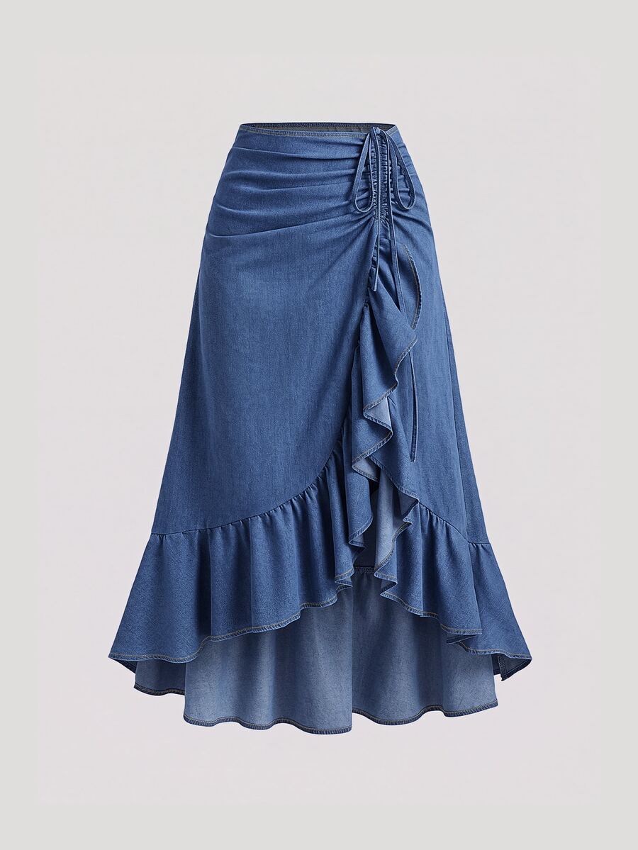 Sweetra Women's Pleated Ruffle Casual Versatile Daily Wear Denim Skirt - Blue - View 1