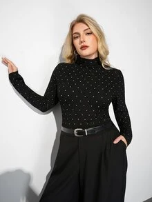 Maija Plus Size Women Polka Dot Print High Neck Long Sleeve Slim Fit Top - Black - View 4