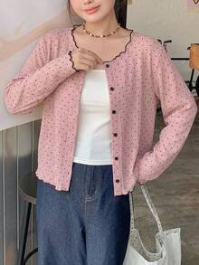 Dazy Plus 女童小圓點圓領鈕扣開襟長袖休閒針織外套，春秋款 - 粉色 - 查看 5