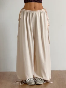 Coolane Women's Fall Sport Yoga Gym Going Out Comfortable Stretchy Baggy Drawstring Low Rise Beige Pants - Apricot - View 5
