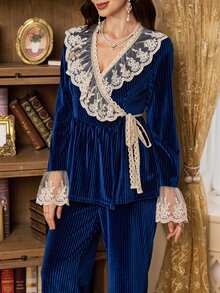 PalaceNights Elegant Lace Trim Ruffle Navy Blue Velvet Wrap Top Long Sleeve Pants Pajama Set - Navy Blue - View 4