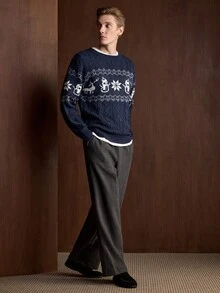 Manfinity CityGents 男士幾何圖案鈕扣設計長袖休閒毛衣 - 寶藍色 - 查看 7
