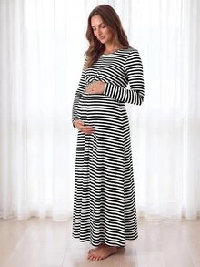 Slowluna 女款條紋拼接百褶哺乳休閒日常洋裝內衣套裝內褲睡衣睡裙家居服睡袍長袖 - 黑與白 - 查看 3