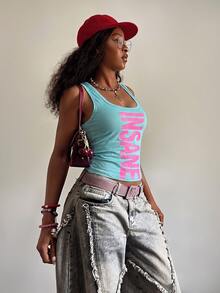 Fiercella Fiercella Women's Spring/Summer U-Neck Light Pink Wasteland Style Print Slim Fit Comfortable Streetwear Y2K Hot Girl Rock Sexy Tank Top Rave Concert - Royal Blue - View 3
