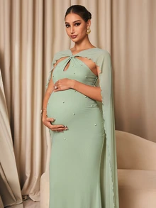 MaterniChic Maternity Pearl Decorated Cape Design Hollow Out Elegant Dress - Mint Green - View 7