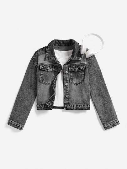 Girls' Cool American Style Heavy Washed Casual Minimalist All-Season All-Match Versatile Denim Jacket
