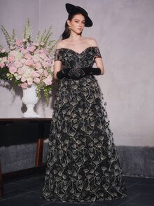 Anewsta Affair Women's V-Neck Cold Shoulder Backless Tie-Up Dress With Handmade 3D Floral Decor And Shiny Mesh Patchwork Evening Party Dress - Black - View 6