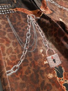 ROMWE MEN Street Life Casual Fashion Leopard Print Metal Chain Decor Versatile Men's Denim Jeans - Brown - View 5