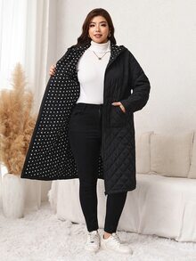 Easowa Curve Plus Size Women's Long Sleeve Zipper Front Pocket Hooded Winter Jacket - Black - View 4