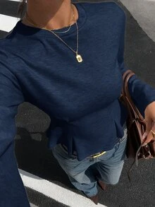 Siren Gaze Women's Solid Color Casual Daily Long Sleeve T-Shirt - Navy Blue - View 9